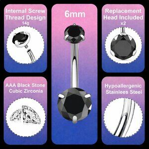 6mm Stainless Curved Belly Button Ring Threaded Black CZ Jewelry +Extra Head 14g